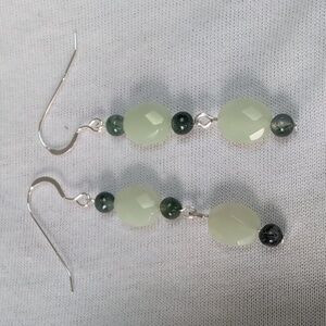 Green Jade & Moss Agate Minimalist Dangle Drop Earrings Sterling Silver Hook